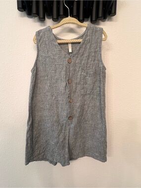 Sleeveless Button-Front Linen Blend Romper - chambray blend gray/blue